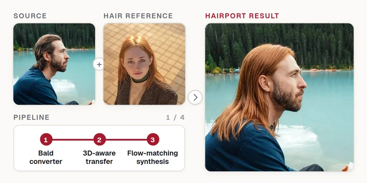 HairPort animation: a source portrait and a hair reference become the source with the reference hairstyle, stage by stage