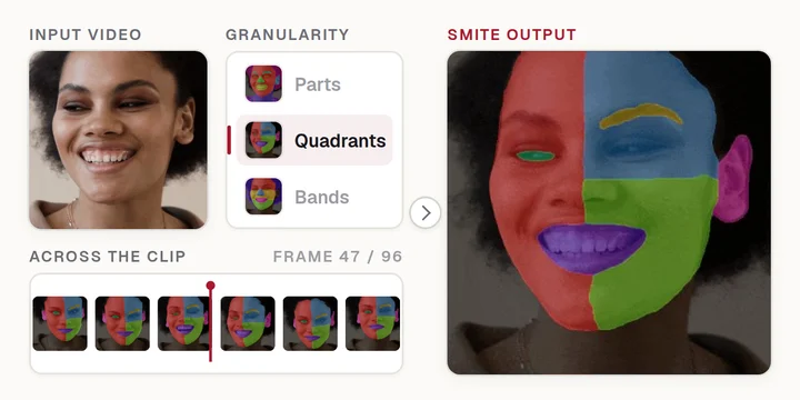 SMITE animation: a face video segmented into parts, quadrants or bands, consistent across the clip
